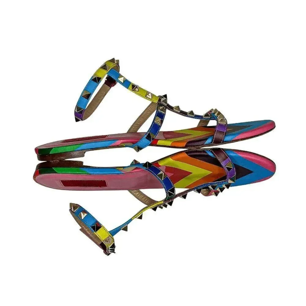 Valentino Multicolor Rockstud Gladiator Rainbow Leather Flat Caged Sandals EU 40